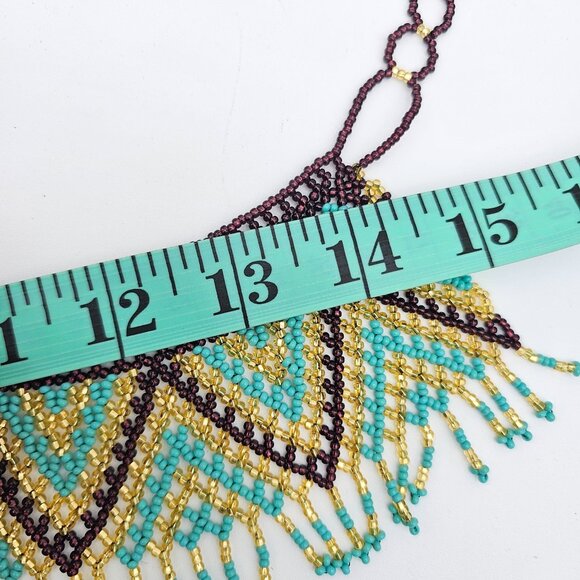 Huichol Beaded Collar Necklace| Handmade Purple, Turquoise & Gold – New from Mex - Picture 7 of 16